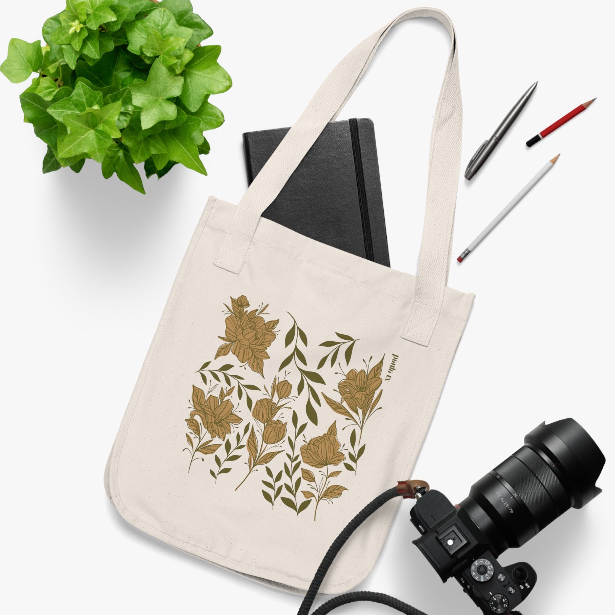 Botanical Print Organic Canvas Tote Bag - Eco-Friendly Floral Shopper